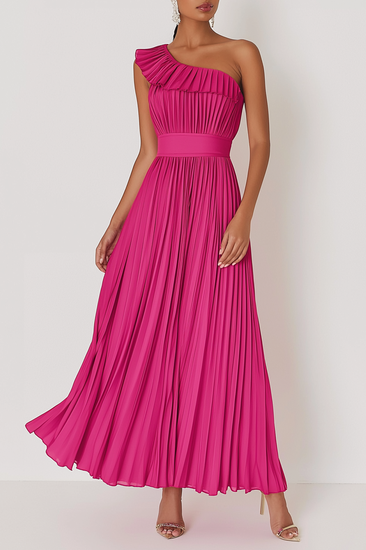 Formal Evening Dress Rose One Shoulder Pleated Maxi Dress