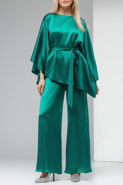 Work Satin Pants Set Green Long Sleeve Blouse Two-Piece
