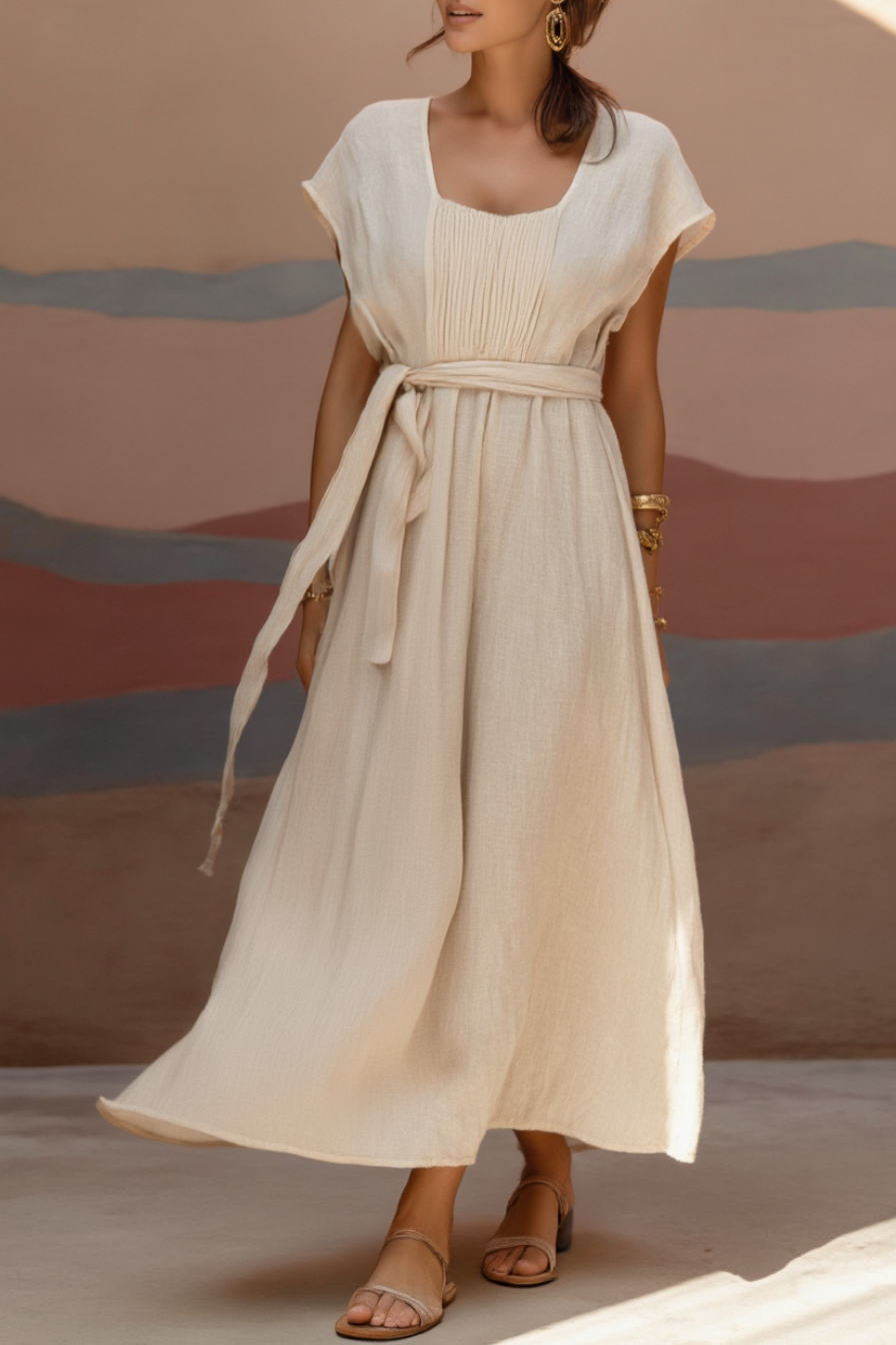 Bohemian Dress Beige Square Neck Waist Tie Maxi Dress