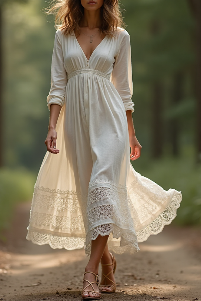 Bohemian Dress White V Neck Lace Maxi Dress