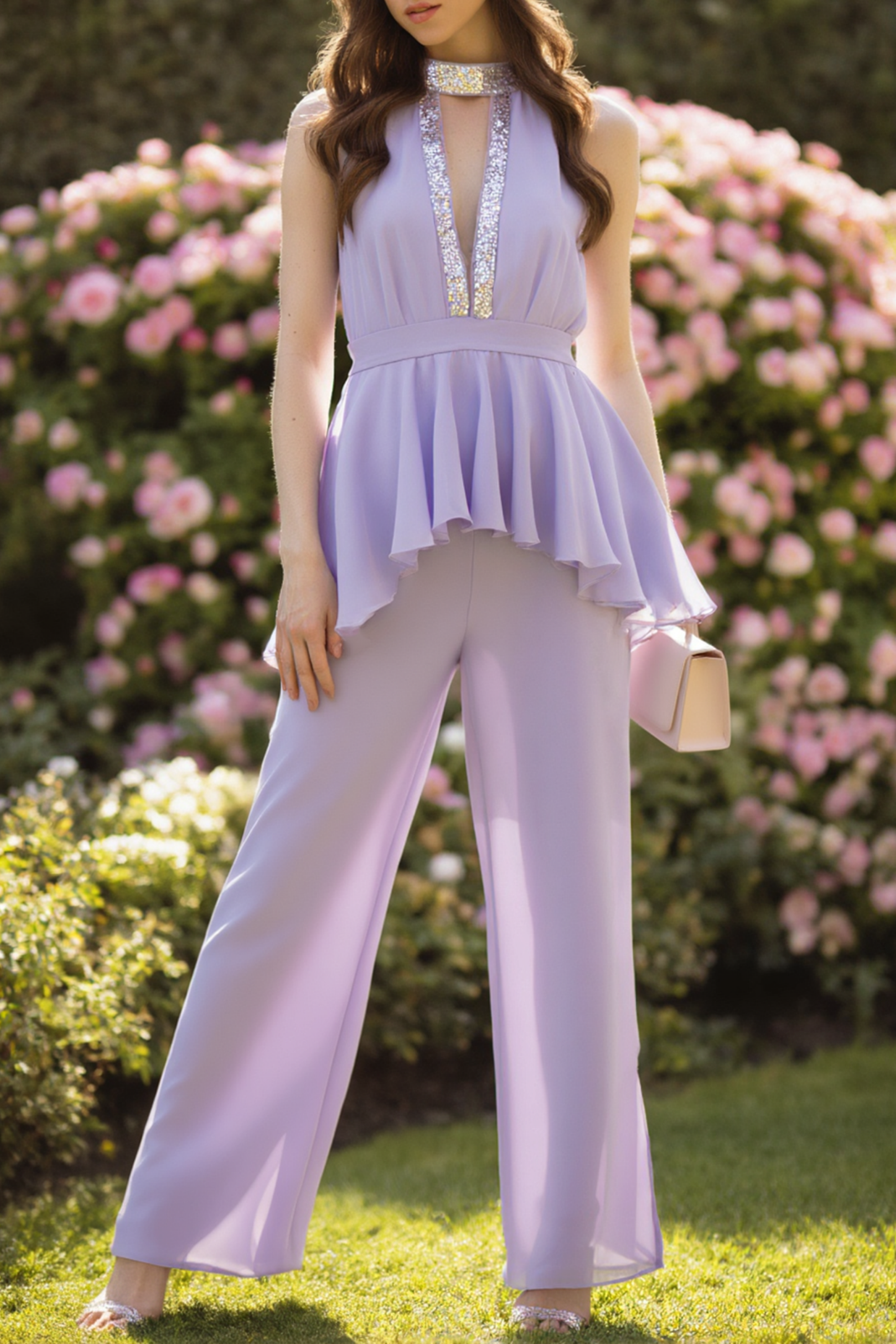 Casual Blouse Set Purple Halter Neck Two-Piece Wide-Leg