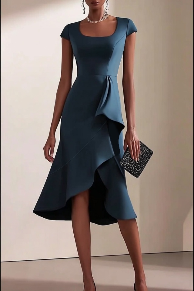 Cocktail Party Dress​​ Navy Square Neck Ruffle Knee Dress