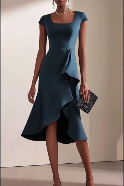 Cocktail Party Dress​​ Navy Square Neck Ruffle Knee Dress