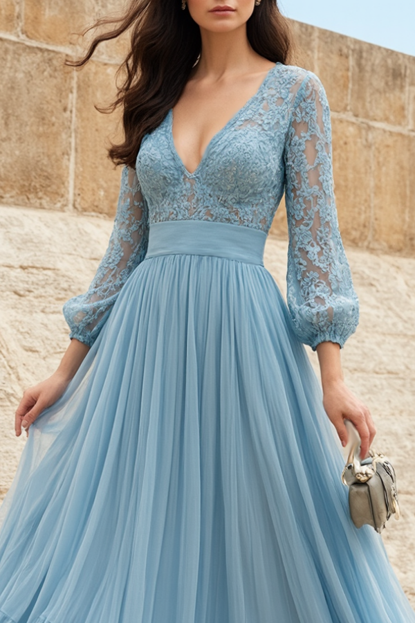 Evening Swing Dress Blue V Neck Lace Maxi Dress