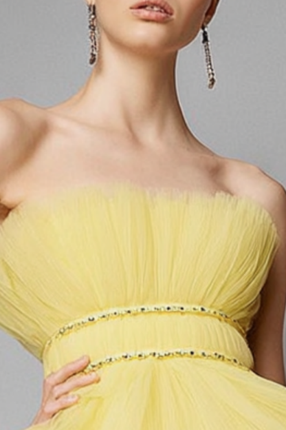 Homecoming Party Dress Yellow Spaghetti Strap Mini Tiered Dress