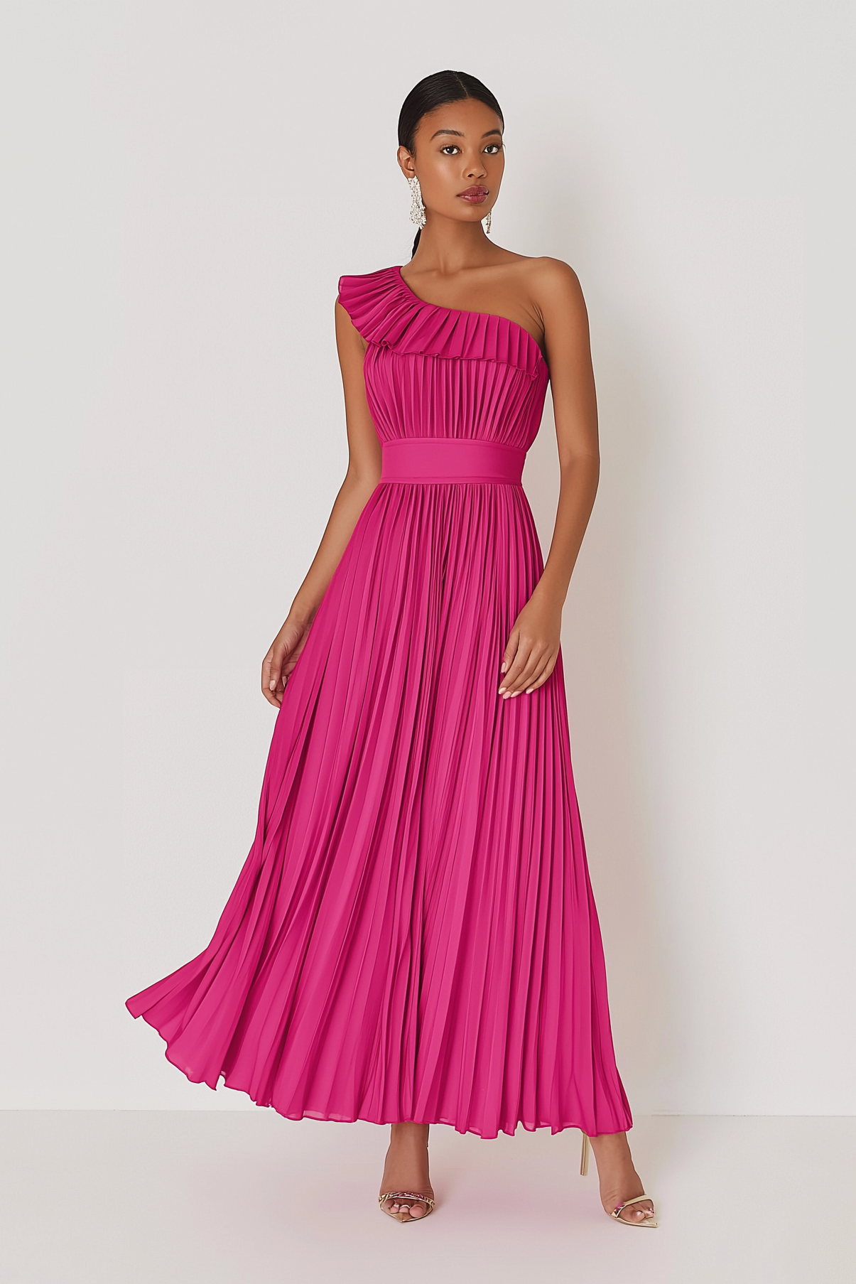Formal Evening Dress Rose One Shoulder Pleated Maxi Dress