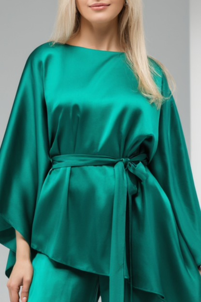 Work Satin Pants Set Green Long Sleeve Blouse Two-Piece