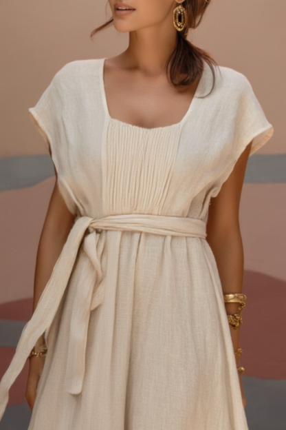 Bohemian Dress Beige Square Neck Waist Tie Maxi Dress