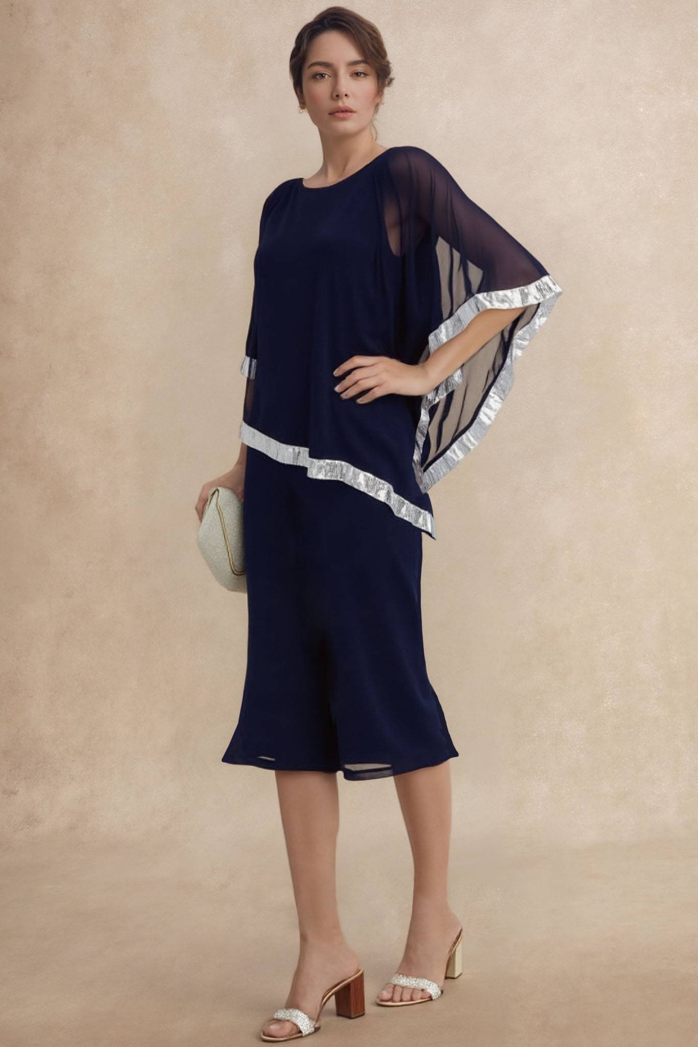 Mom Dress​​ Black Mesh Colorblock Crew Neck Knee Dress