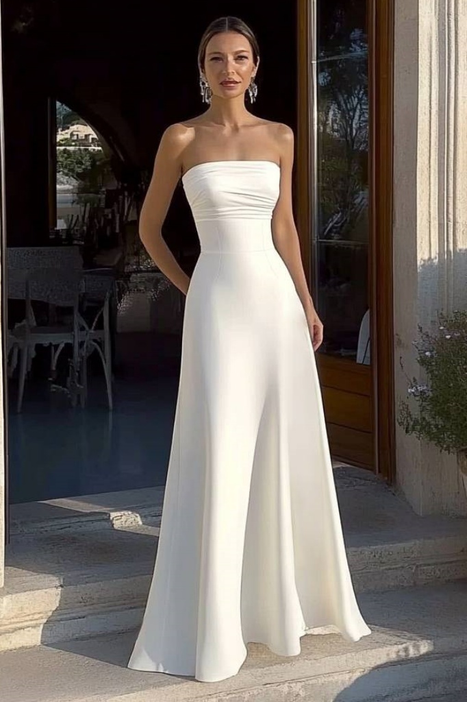 Formal Satin Dress​​ White Strapless Floor-Length Dress