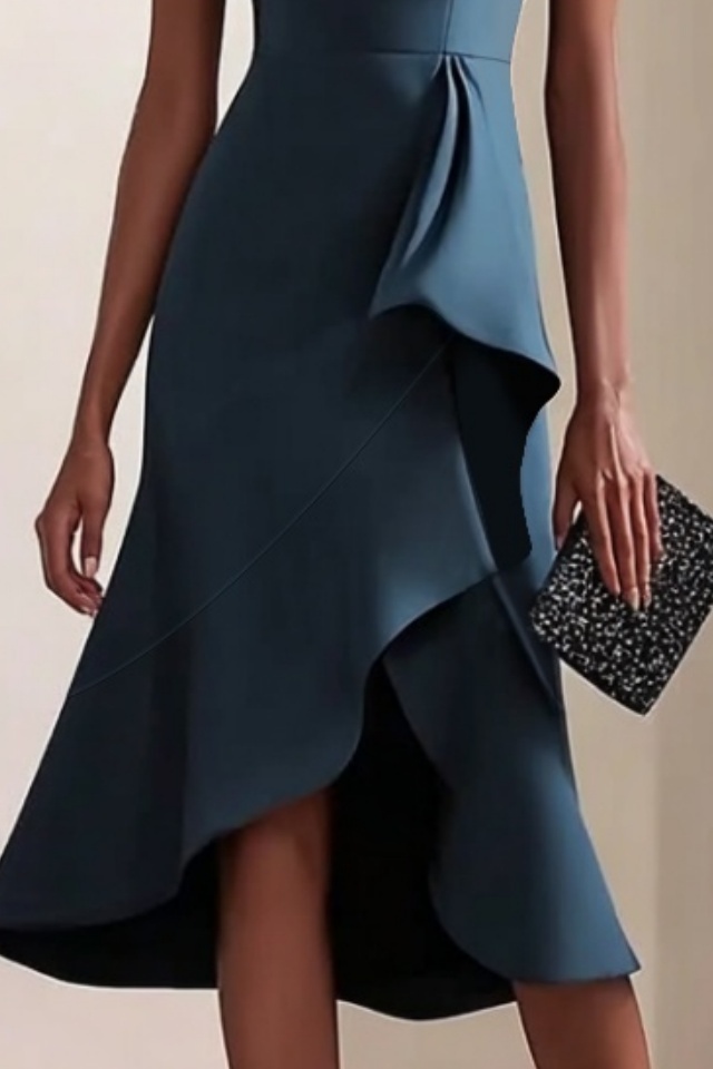 Cocktail Party Dress​​ Navy Square Neck Ruffle Knee Dress