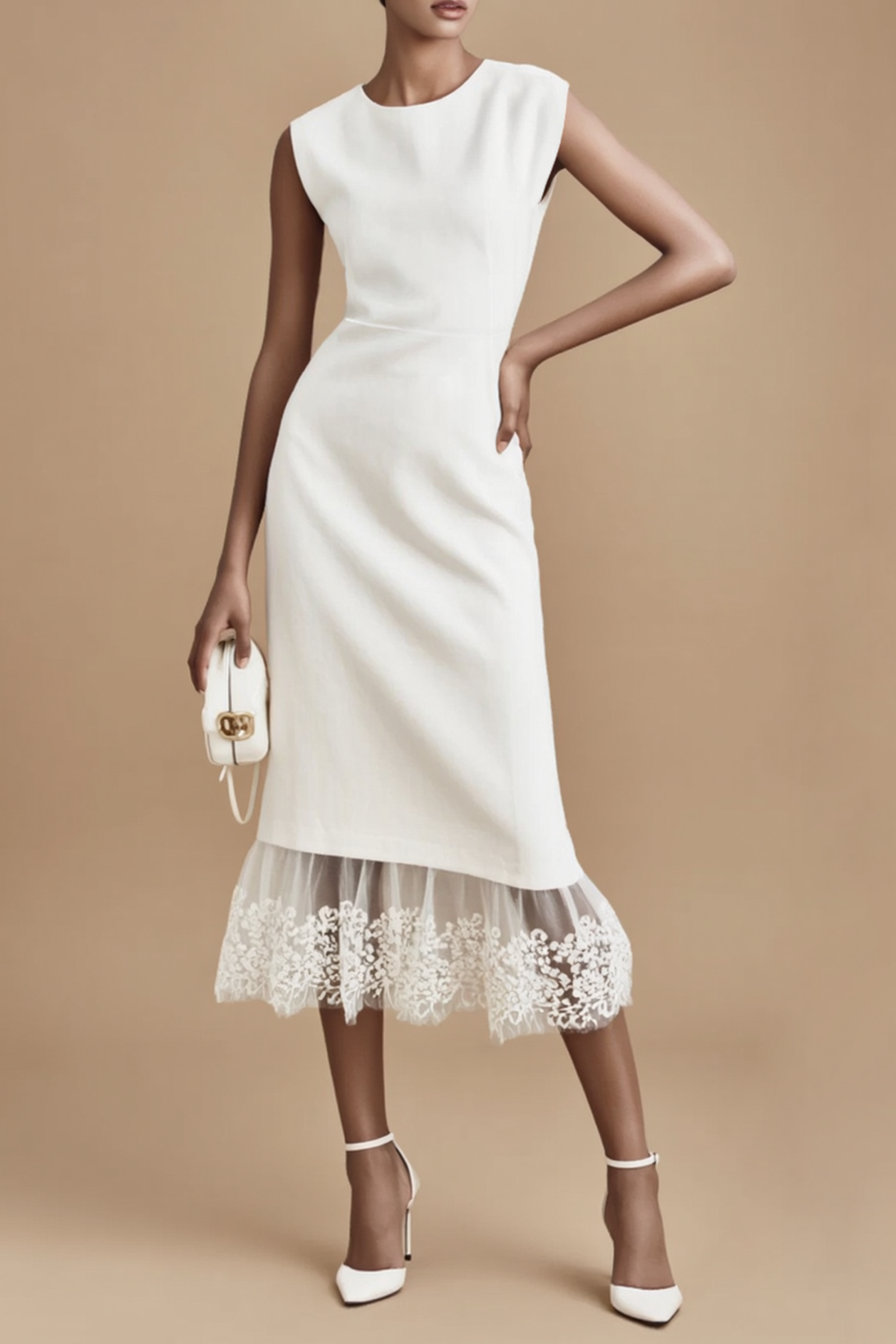 White sleeveless work dress with lace hem