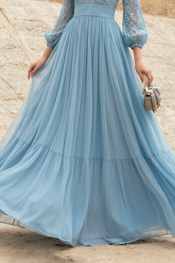 Evening Swing Dress Blue V Neck Lace Maxi Dress