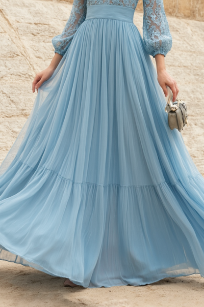 Evening Swing Dress Blue V Neck Lace Maxi Dress