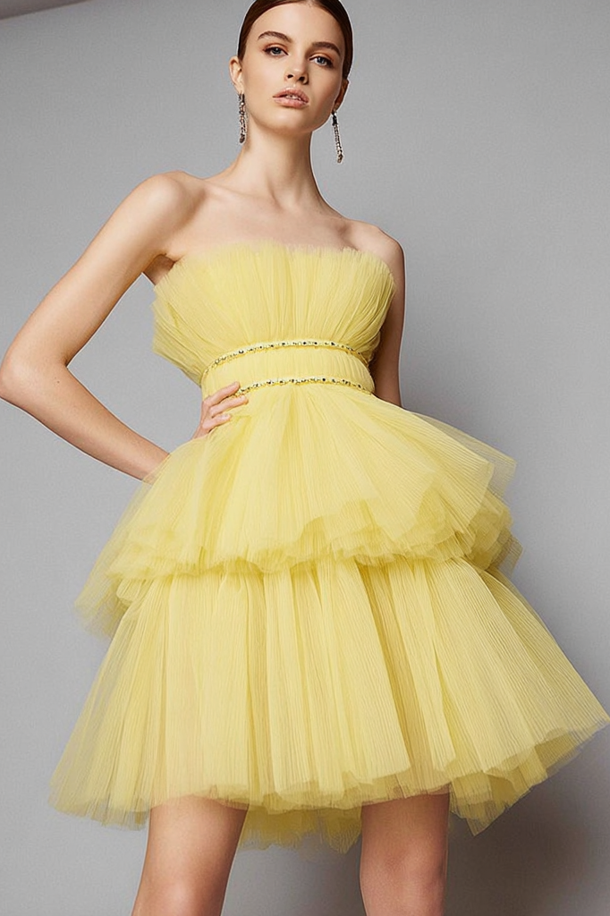 Homecoming Party Dress Yellow Spaghetti Strap Mini Tiered Dress
