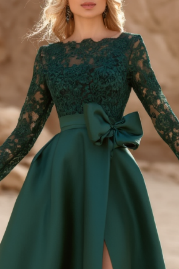 Formal Evening Dress Green Crew Neck Lace Bow Maxi Dress