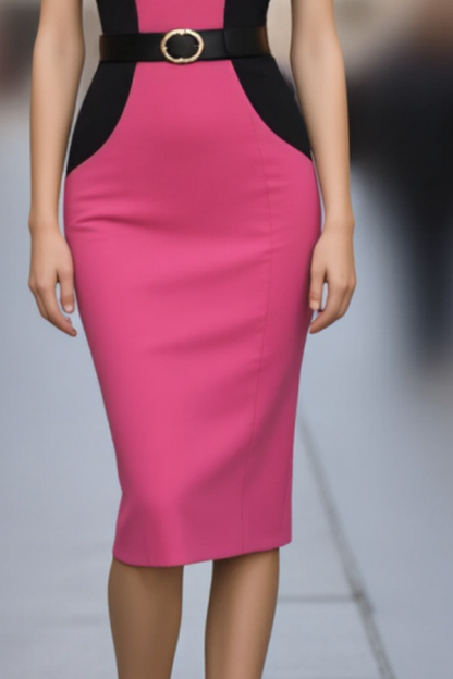 Work Dress Pink V Neck Belted Knee-Length Dress