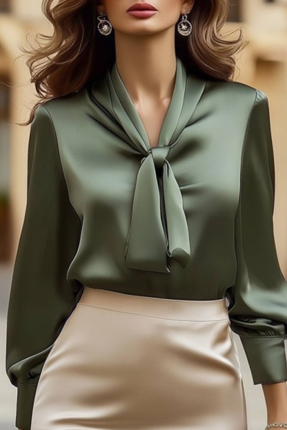 Work Satin Outfit Sets Green V Neck Long Sleeve Maxi Skirt Set