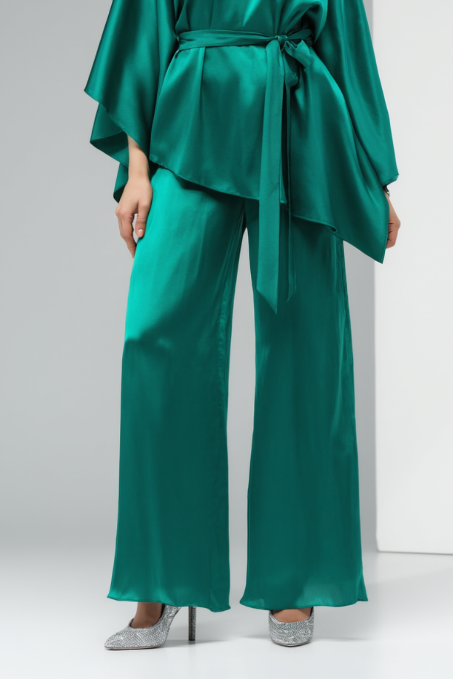 Work Satin Pants Set Green Long Sleeve Blouse Two-Piece