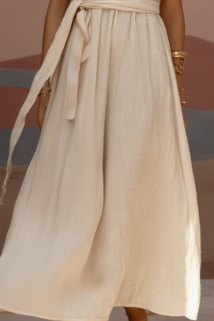 Bohemian Dress Beige Square Neck Waist Tie Maxi Dress