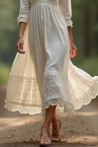 Bohemian Dress White V Neck Lace Maxi Dress