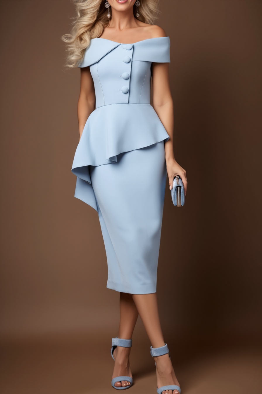 Semi Formal Party Dress​ ​​​Blue Off Shoulder Ruffle Knee-Length Dress