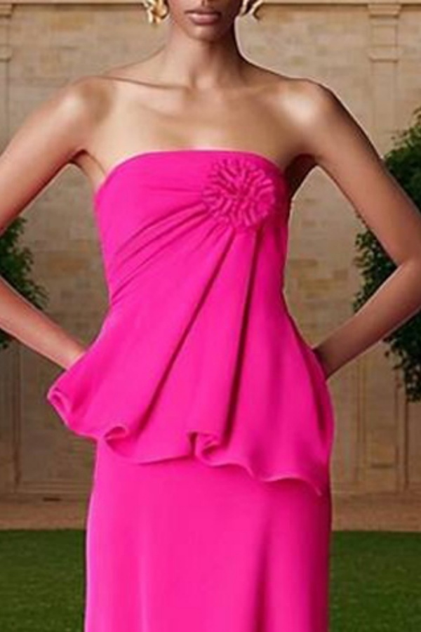 Formal ​Evening Dress Neon Pink Strapless Floral Maxi Dress