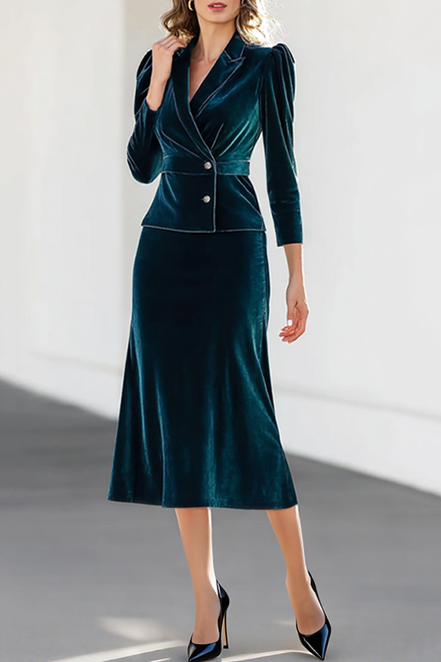 Outfit Sets Blue Lapel Velvet Skirts Set