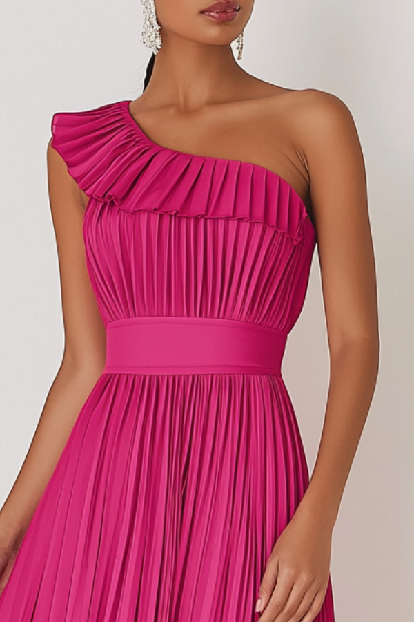 Formal Evening Dress Rose One Shoulder Pleated Maxi Dress