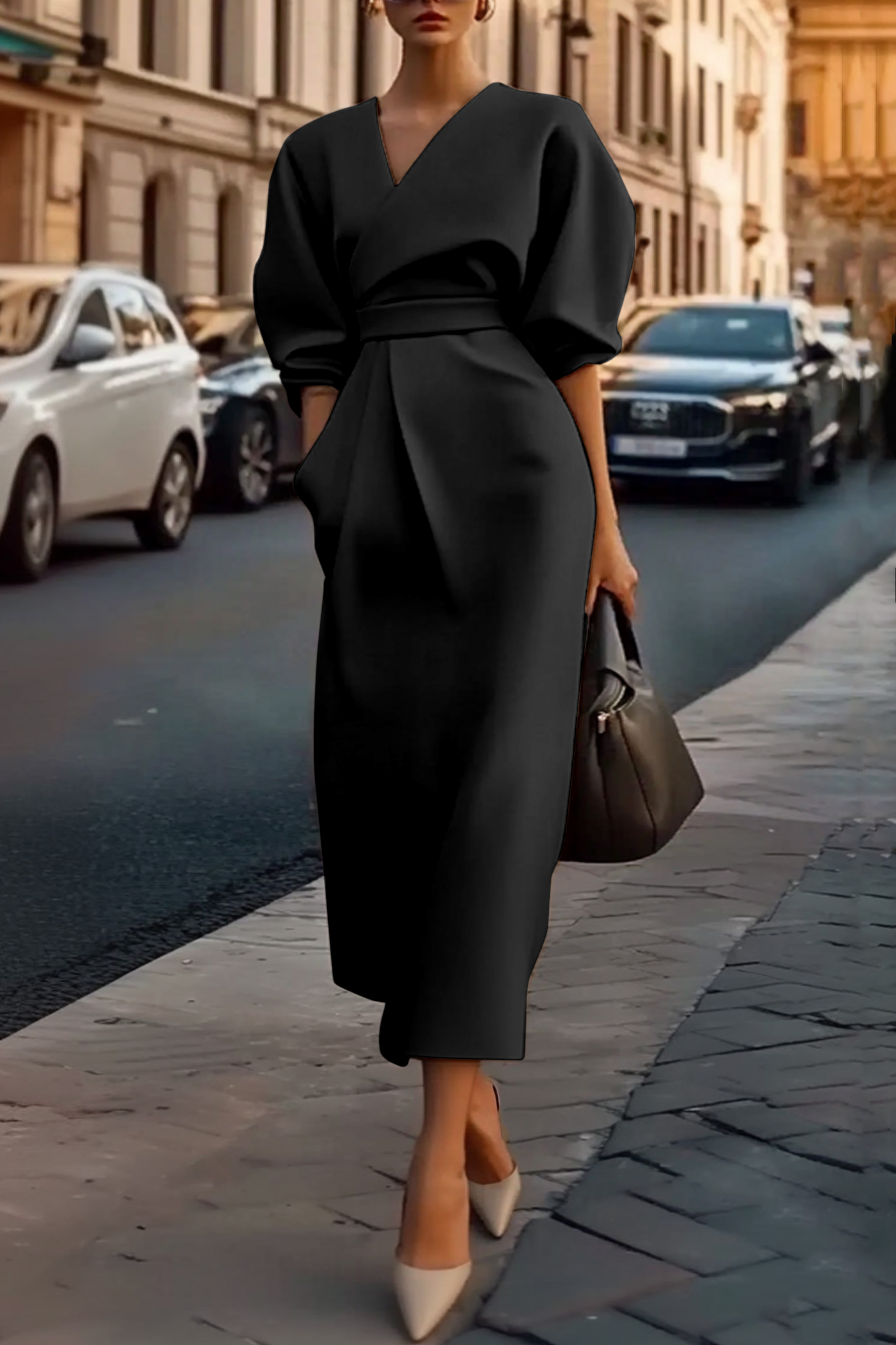 Khaki V Neck Work Dress Puff Sleeve Midi with Pocket