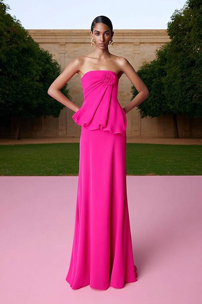 Formal ​Evening Dress Neon Pink Strapless Floral Maxi Dress