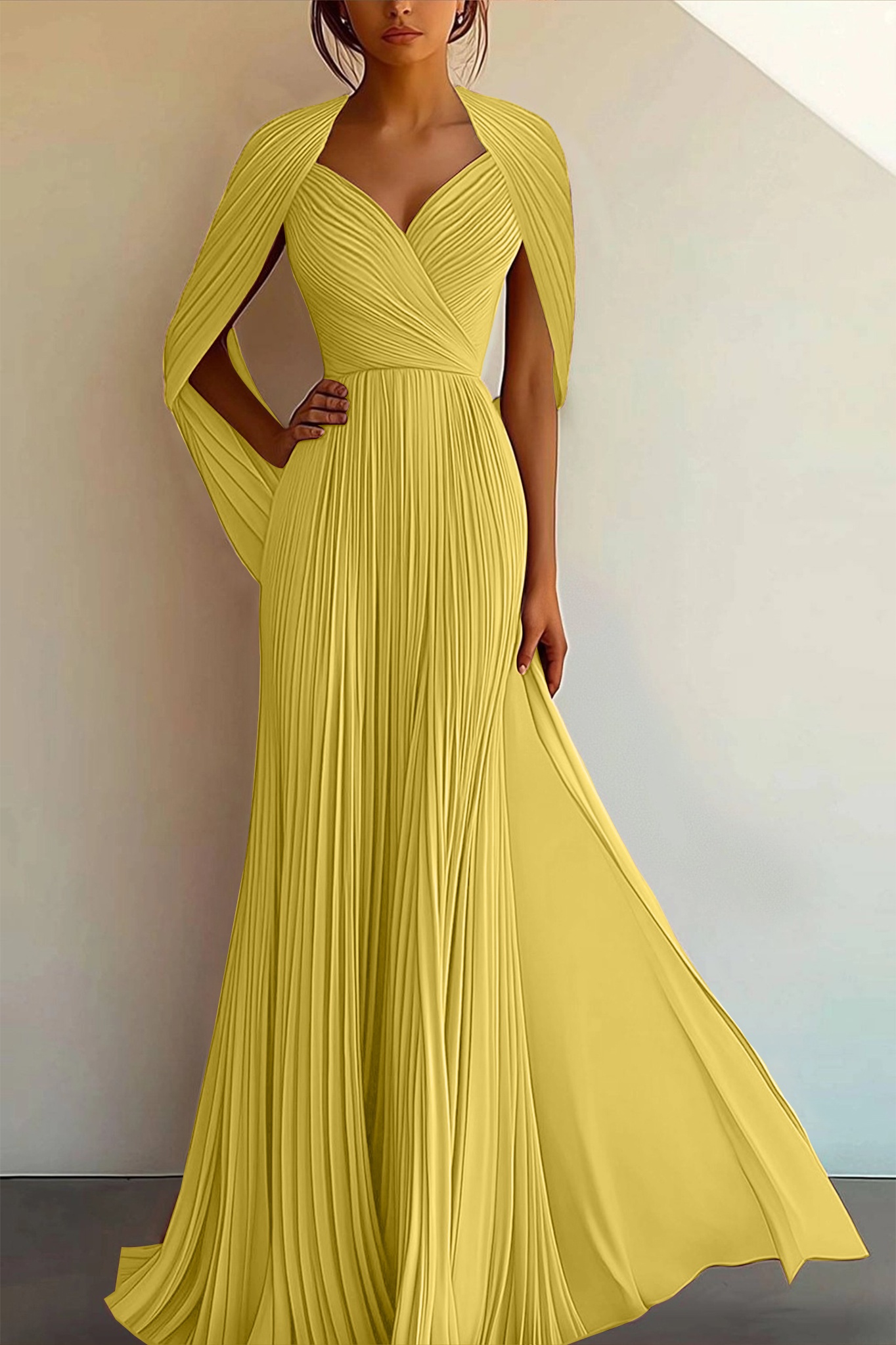 Party Prom Dress Pleated Cross V-neck Cape Sleeve Maxi Gown