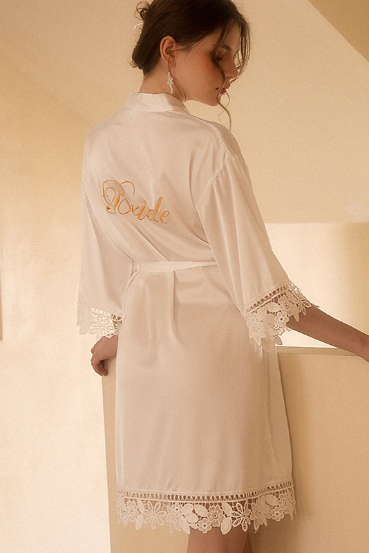 Bridal Pajama Robe White V Neck Satin Lace Robes Gown