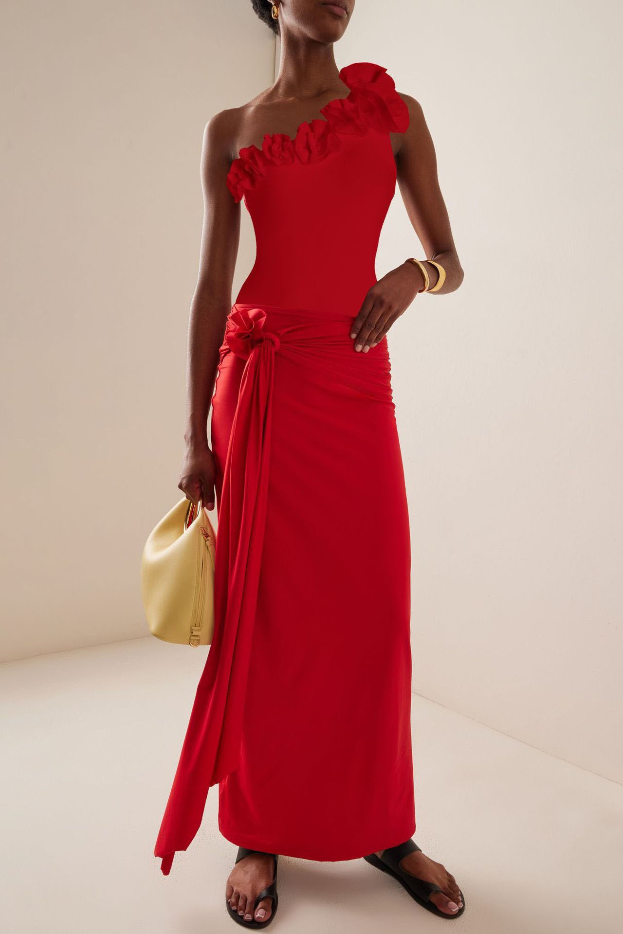 3D Red Floral One Shoulder Swimsuit and Cover-Up