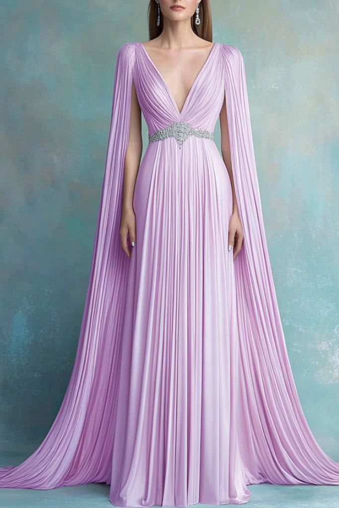 Evening Formal Dress​​ Purple V Neck Pleated Maxi Dress