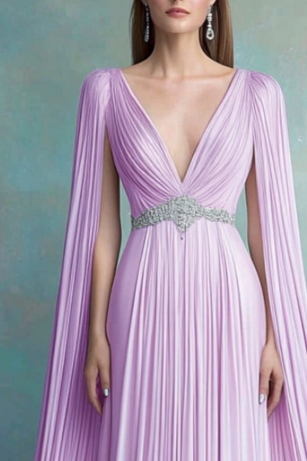 Evening Formal Dress​​ Purple V Neck Pleated Maxi Dress