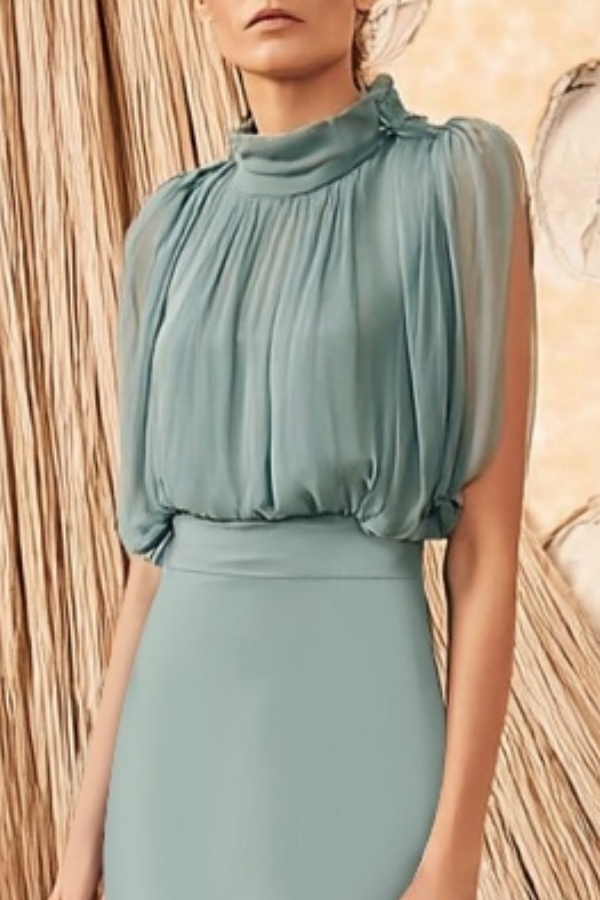 Formal Dress Blue Stand Collar Ruffle Maxi Dress