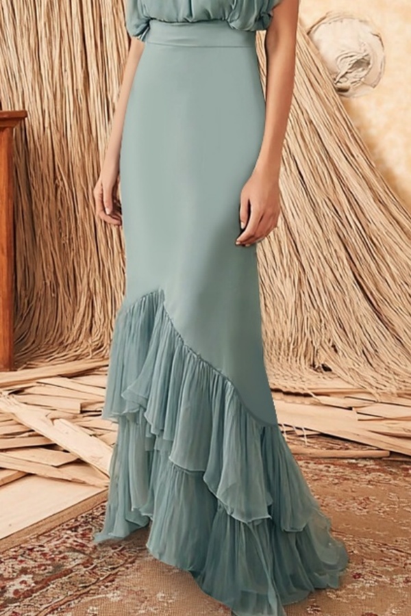 Formal Dress Blue Stand Collar Ruffle Maxi Dress