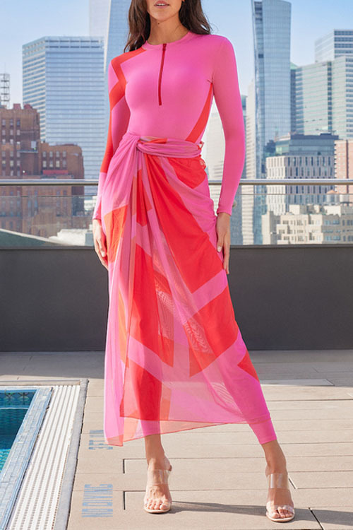 Long-Sleeved Printed Color-Blocked One-Piece Swimsuit and Cover-Up