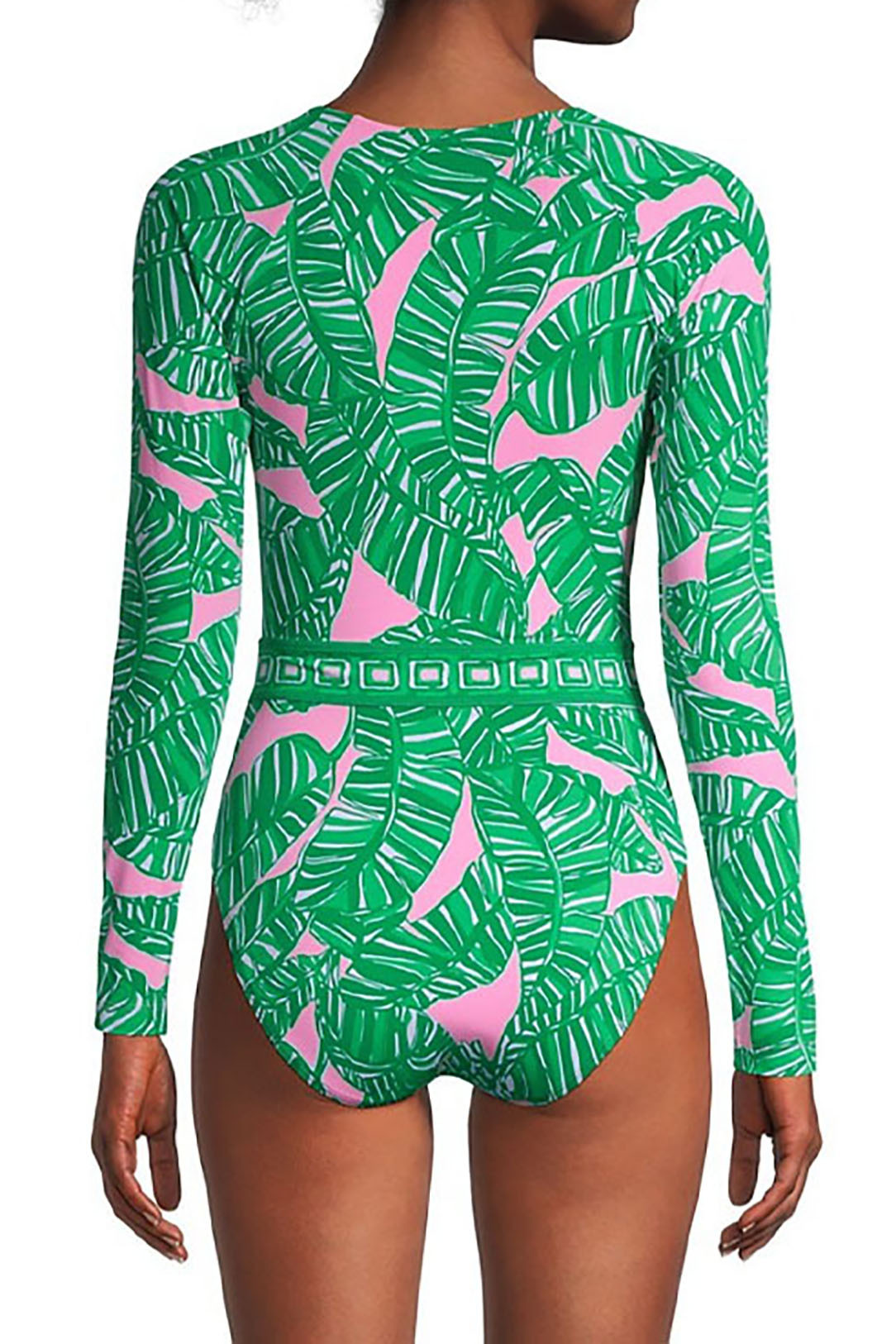 Long-Sleeved Zipper Green Printed One-Piece Swimsuit and Shorts