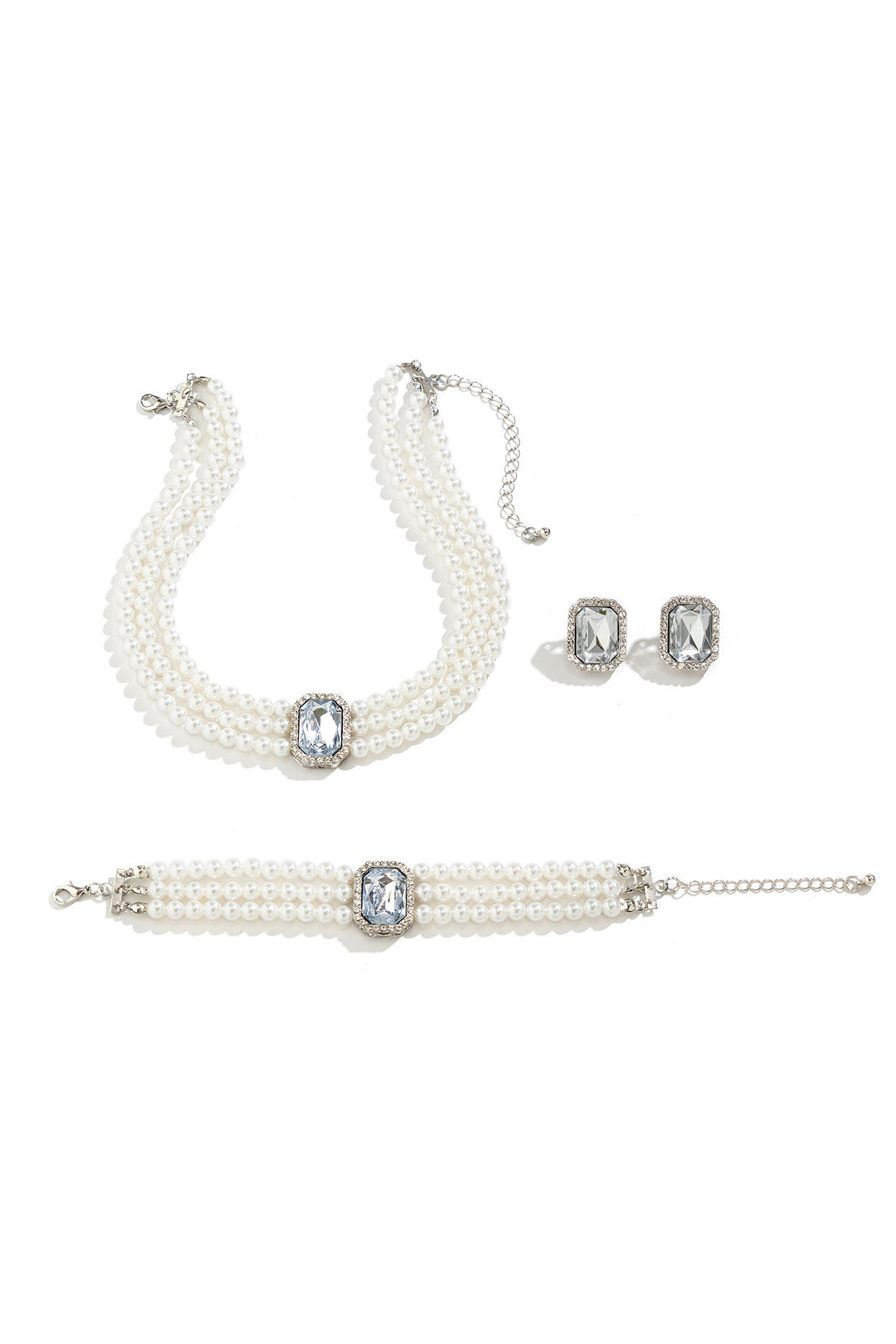 Short Three Layer Pearl Choker Necklace Turquoise Earring Bracelet Set-chiclody