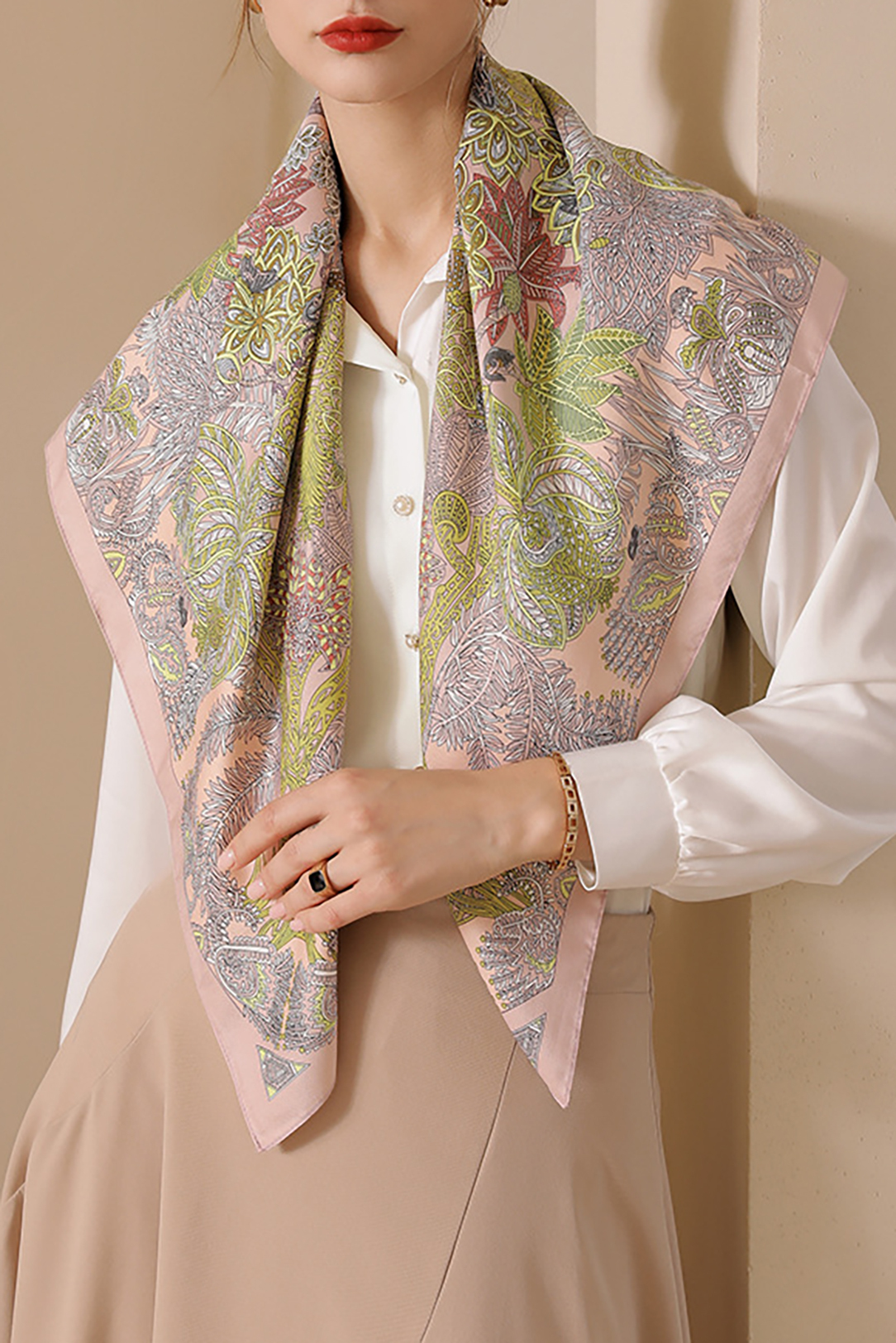 Plant Print Silk Scarf Blue and Pink Square Scarf Bag Accessories Silk Scarf