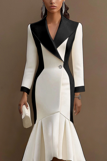 Business Work Suit Dress Black and White Color Block Long Sleeve Mermaid Collar Midi Dress