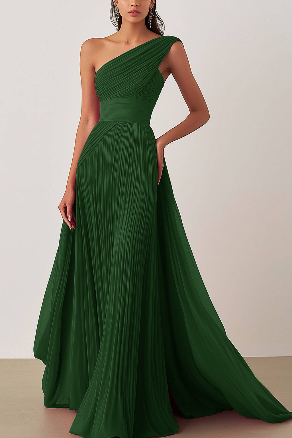 Prom Formal Pleated Dress Rose Color One-Shoulder Floor-Length Dress