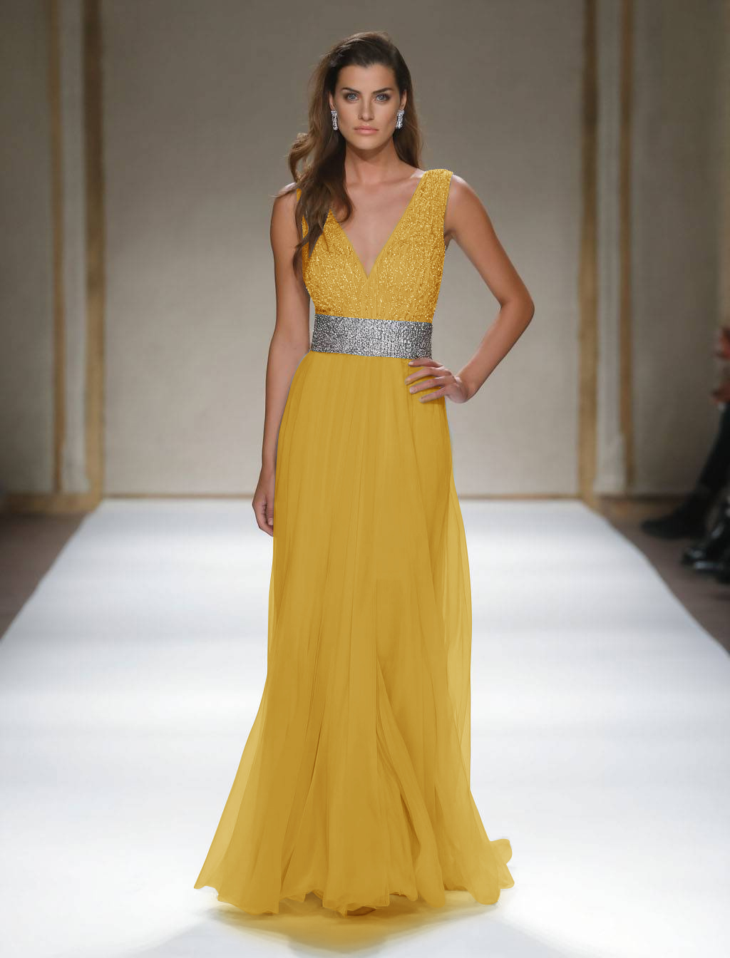 Evening Formal Dress Light Blue V Neck Sleeveless Floor-Length Gown