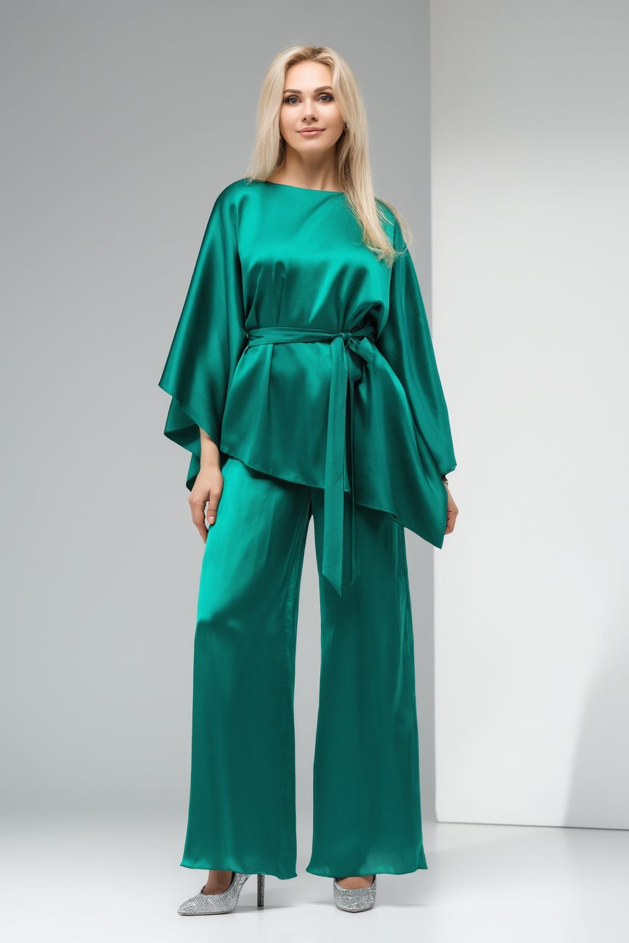 Work Satin Pants Set Green Long Sleeve Blouse Two-Piece