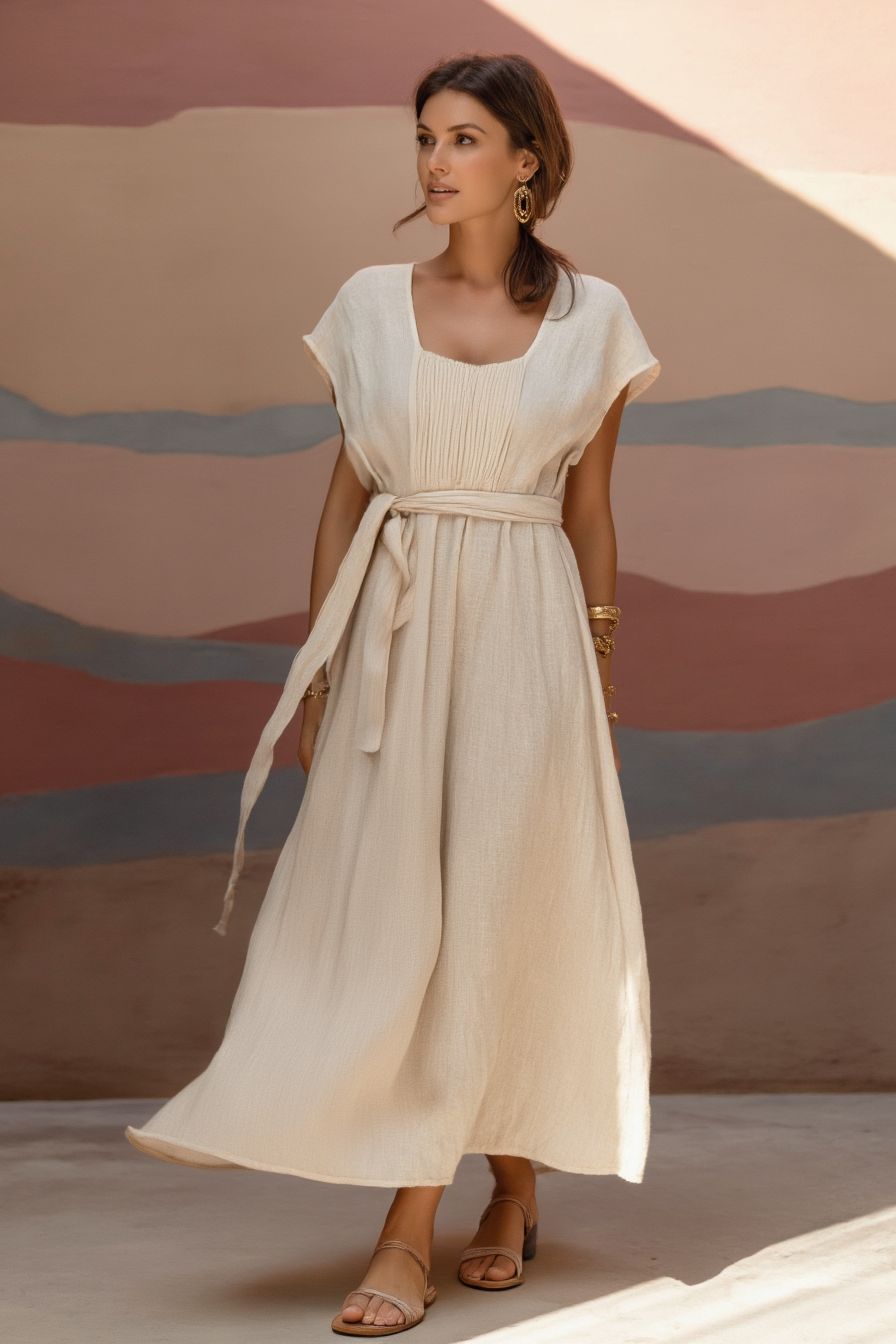 Bohemian Dress Beige Square Neck Waist Tie Maxi Dress