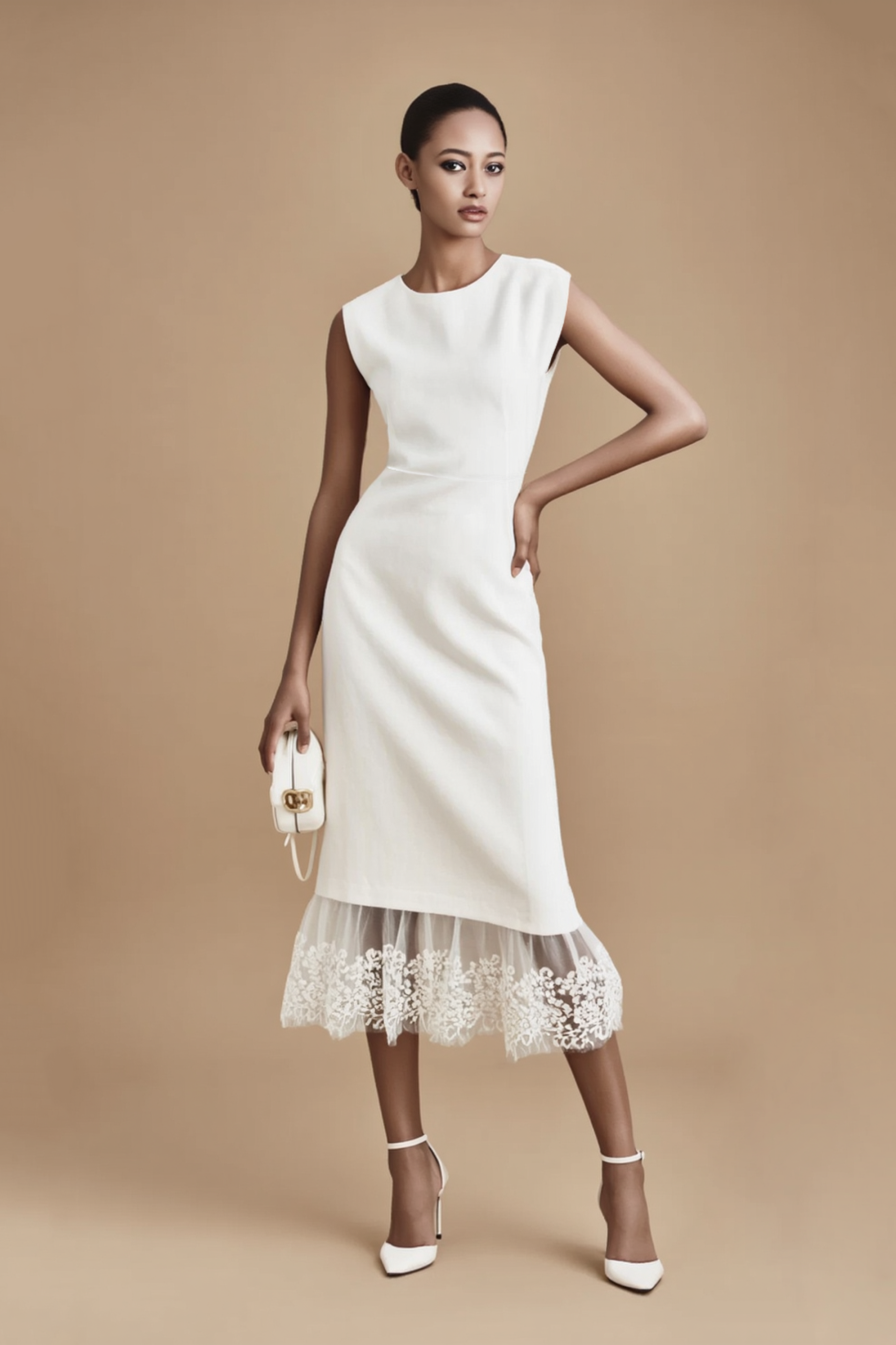 Work Lace Dress White Crew Neck Midi Dress