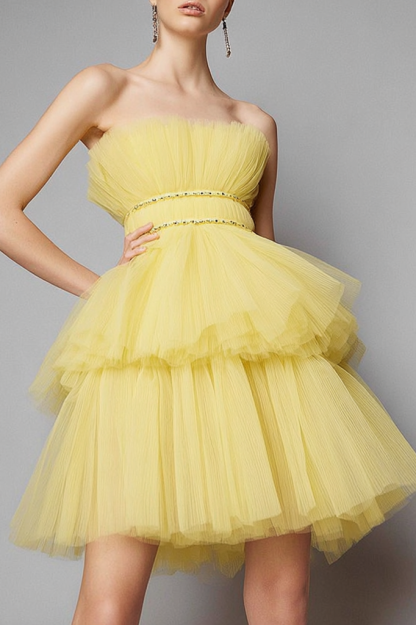 Homecoming Party Dress Yellow Spaghetti Strap Mini Tiered Dress