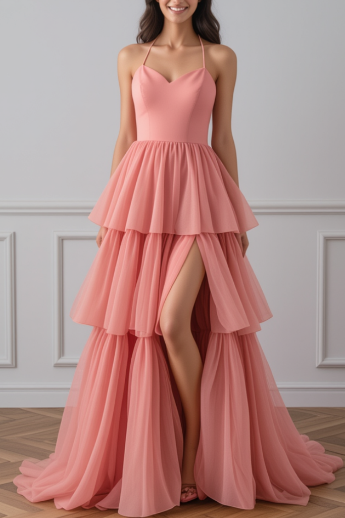 Formal Evening Tiered Dress Pink Ombre Floor-Length Gown